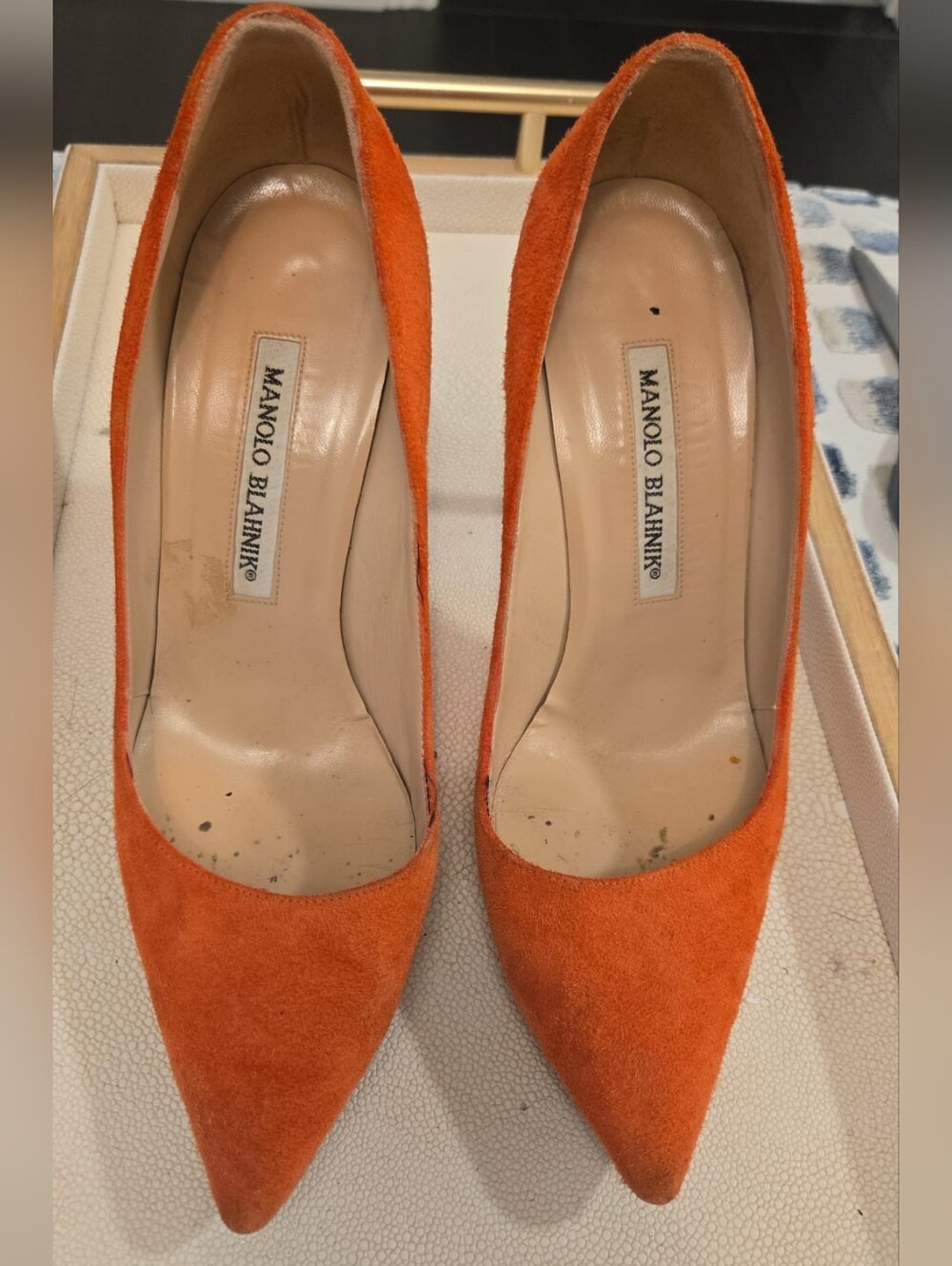 Manolo Blahnik Orange Suede Pointed Pumps